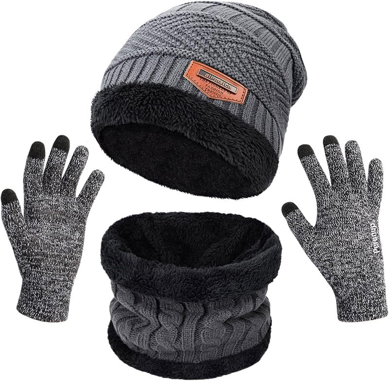 MAYLISACC Winter Knit Beanie Hat Neck Warmer Scarf and Touch Screen Gloves Set 3 Pcs Fleece Lined Skull Cap for Men Women - Image 1